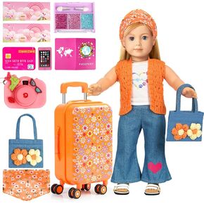 ARTST 18 Inch Doll Clothes Accessories, American 18 inch Doll Suitcase- Glasses,Beret,Shoes,Handbag,Camera, Passport,Mobile Phone Travel Set Toys for 3-12 Girls