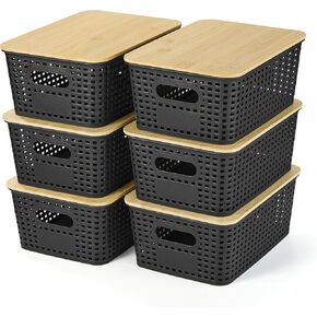 Plastic Storage Baskets With Bamboo Lid - Plastic Storage Containers Stackable Storage bins: Storage Baskets for Organizing Shelves Drawers Desktop Closet Playroom Classroom Office, 6 Pack