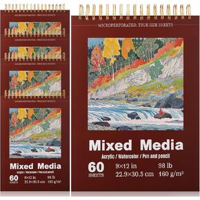 Feifeiya 5 Pack Mixed Media Sketchbook 9" x 12" Mixed Media Heavyweight Drawing Papers Hardcover Mixed Media Paper Pad Top Spiral Bound Sketchbook for Artist Drawing Painting Wet Dry 60 Sheets Each