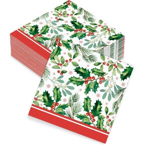 Christmas Party Supplies, Paper Napkins Disposable Luncheon Napkins Party Napkins for Merry Christmas Holly Jolly Christmas Holly Mistletoe Winter Holiday Party Decorations, 3 PLY, 50 Count