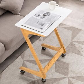 Nnewvante TV Tray Table with Wheels Sofa Side Table with Casters Couch Laptop Desk End Table Snack Tray for Living Room Bedroom Small Spaces White Bamboo Large 29.5'' x 15.8''