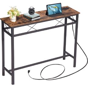 VECELO 71In Extra Long Narrow Sofa/Console Table with Charging Station & Power Outlet and USB Ports, for Entryway, Living Room, Office, Industrial, Dark Grey