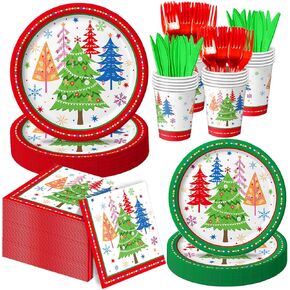 150 PCS Christmas Party Supplies - Christmas Plates and Napkins Set Includes Plates, Napkins, Cups, Forks, Knives for Christmas Party Decorations, Serves 25