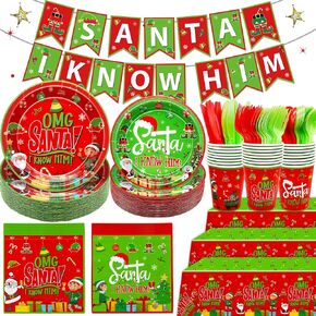 HigzYovn 184Pcs Santa I Know Him Decorations Buddy The Elf Christmas Decorations Santa Christmas Plates and Napkins with Christmas Tableware for Christmas Elf Decorations Christmas Party Decorations