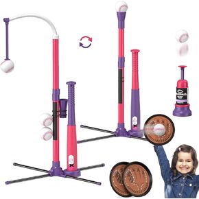 QDRAGON 4 in 1 Tball Set for Toddlers 3-5 with Toss and Catch Ball Set/ 2 Bats, Hanging Tee Ball Stand with Auto Pitching Machine, Indoor Outdoor Sport Toys Christmas Birthday Gifts for Boys Girls