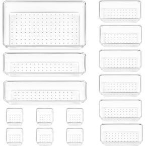 Vtopmart 15 PCS Clear Plastic Drawer Organizers Set, 4-Size Versatile Bathroom and Vanity Organizer Trays, Non-Slip Storage Containers for Makeup, Jewelries, Bedroom，Kitchen Utensils and Office
