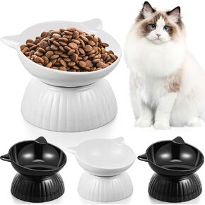 Nuanchu 4 Pcs Ceramic Elevated Cat Bowls,15° Tilted Raised Cat Bowl Anti-Vomiting, Whisker Friendly, Adjustable Cat Dishes for Protecting Spine, Microwave and Dishwasher Safe(White and Black)