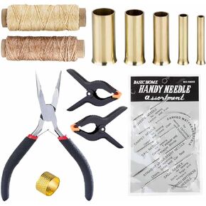 Fgnaic Basket Making Kit with Pine Needle Basket Making Gauge, Waxed Thread, Needle, Thimble Ring, Long Nose Pliers, Basket Making Supplies Rattan Webbing Wicker Basketry Weaving Set (Brass)