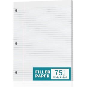Loose Leaf Paper, 75 Sheets, Filler Paper 8.5 x 11, 3 Hole Pouched, Standard, Wide Ruled Loose Leaf Notebook Paper 8.5 x 11 Inch for Binder, A4 Loose Leaf Filler Paper for Work School Student, White