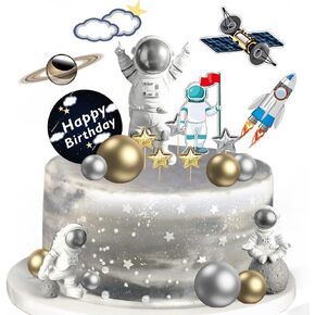 22Pcs Space Cake Topper,Space Cupcake Toppers Astronaut Figurine Birthday Outer Space Themed Party Decorations Supplies Planet Rocket Pearl Balls and Star DIY Cake Toppers for Kids Party Baby Shower