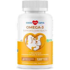 Omega 3 Fish Oil for Dogs - 120 Chewable Tablets - with Omega 6, Omega 9, Vitamin E for Dog Shedding, Itchy, Dry Skin, Joint & Heart Support