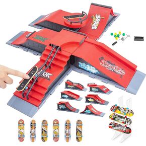 Finger Skateboards Ramp Set, 6 in 1 Fingerboard Skatepark Deck with 6 Ramps, Fingerboard Half Pipe Ramp for Kids Adults Fingerboard Training Props Interactive Freestyle Skate Game, Red
