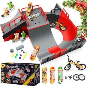 Fingerboard Skate Park Kit — 18 in 1 Finger Skateboard Toys with 13 Ramps 3 Mini Fingerboards Skateshoes & Mini Bikes, Extra Large Ultimate Training Props Interactive Game for Adults Kids 6+