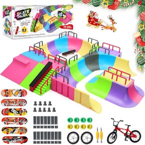 KETIEE Fingerboard Skate Park Kit: 57pcs Finger Skateboard Ramp Set with Exclusive 31 Ramps 6 Mini Skateboards & Mini Bicycles, Huge Finger Skatepark Training Props Toys Gifts for Kids Ages 6 and up