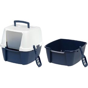 IRIS USA Cat Litter Box, Enclosed Litter Box with Front Door Flap and Scoop, Covered Kitty Litter Box with Handle and Buckles for Portability and Privacy, Dark Gray
