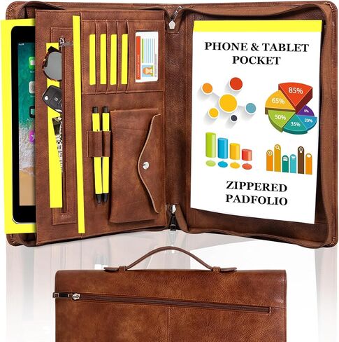AZXCG portfolio binder,Vegan Pu Leather Padfolio for Men and Women,Organizer Binder with Zippered, A4 Notepad Holder, Fits 13.3" iPad, Portable Portfolio with Handle and Business Card - Vintage Brown in Kuwait