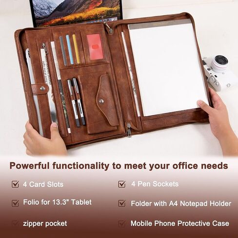 AZXCG portfolio binder,Vegan Pu Leather Padfolio for Men and Women,Organizer Binder with Zippered, A4 Notepad Holder, Fits 13.3" iPad, Portable Portfolio with Handle and Business Card - Vintage Brown in Kuwait