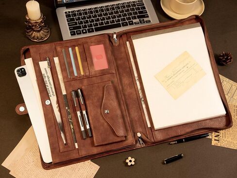 AZXCG portfolio binder,Vegan Pu Leather Padfolio for Men and Women,Organizer Binder with Zippered, A4 Notepad Holder, Fits 13.3" iPad, Portable Portfolio with Handle and Business Card - Vintage Brown in Kuwait