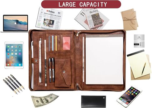 AZXCG portfolio binder,Vegan Pu Leather Padfolio for Men and Women,Organizer Binder with Zippered, A4 Notepad Holder, Fits 13.3" iPad, Portable Portfolio with Handle and Business Card - Vintage Brown in Kuwait