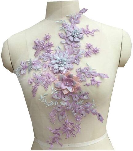 Colorful 3D Flower Embroidery Patches Bridal Floral Lace Sewing Fabric Applique with Beaded Pearl Decor Tulle DIY Wedding Stage Dress in Kuwait
