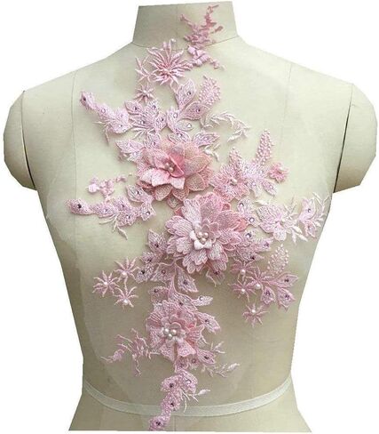 Colorful 3D Flower Embroidery Patches Bridal Floral Lace Sewing Fabric Applique with Beaded Pearl Decor Tulle DIY Wedding Stage Dress in Kuwait