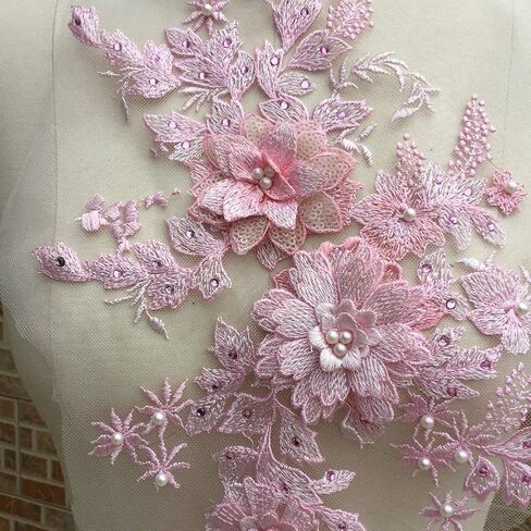 Colorful 3D Flower Embroidery Patches Bridal Floral Lace Sewing Fabric Applique with Beaded Pearl Decor Tulle DIY Wedding Stage Dress in Kuwait