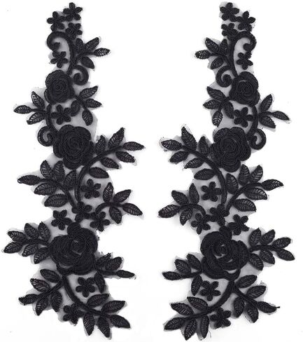 GORGECRAFT 4Pcs Floral Lace Applique Black Flower Embroidered Sew on Patches Rose Leaves Collar Fabric Applique for DIY Sewing Crafts Dress Clothing Backpacks Embellishments 36x14.5cm in Saudi Arabia