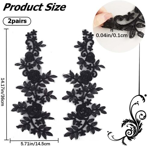 GORGECRAFT 4Pcs Floral Lace Applique Black Flower Embroidered Sew on Patches Rose Leaves Collar Fabric Applique for DIY Sewing Crafts Dress Clothing Backpacks Embellishments 36x14.5cm in Saudi Arabia