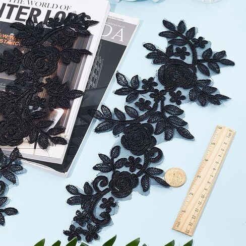 GORGECRAFT 4Pcs Floral Lace Applique Black Flower Embroidered Sew on Patches Rose Leaves Collar Fabric Applique for DIY Sewing Crafts Dress Clothing Backpacks Embellishments 36x14.5cm in Saudi Arabia