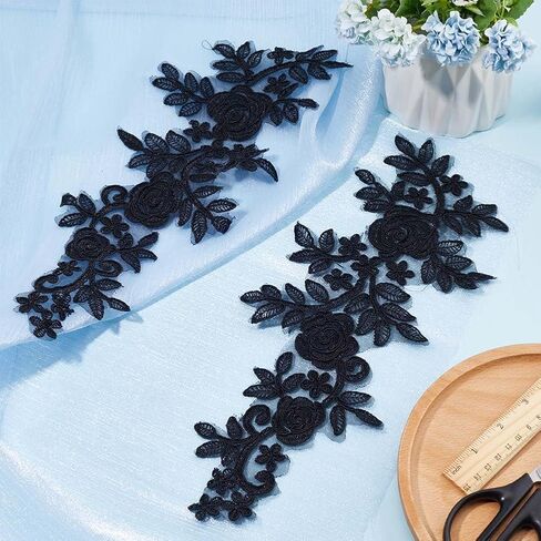 GORGECRAFT 4Pcs Floral Lace Applique Black Flower Embroidered Sew on Patches Rose Leaves Collar Fabric Applique for DIY Sewing Crafts Dress Clothing Backpacks Embellishments 36x14.5cm in Saudi Arabia