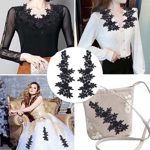 GORGECRAFT 4Pcs Floral Lace Applique Black Flower Embroidered Sew on Patches Rose Leaves Collar Fabric Applique for DIY Sewing Crafts Dress Clothing Backpacks Embellishments 36x14.5cm in Saudi Arabia