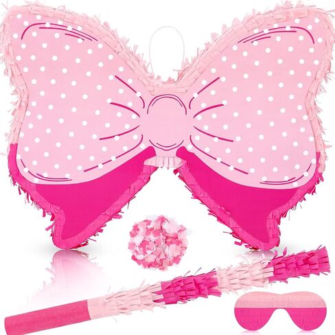 Pink Themed Bow Piñata Birthday Party Decorative Bow Tie Piñata with Wooden Stick Paper Blindfold Confetti Set for Girls Boys Birthday Baby School Wedding Party Carnival and Related Events Supplies in Saudi Arabia