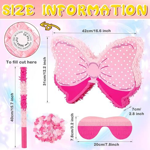 Pink Themed Bow Piñata Birthday Party Decorative Bow Tie Piñata with Wooden Stick Paper Blindfold Confetti Set for Girls Boys Birthday Baby School Wedding Party Carnival and Related Events Supplies in Saudi Arabia