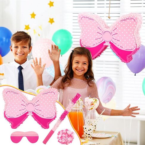 Pink Themed Bow Piñata Birthday Party Decorative Bow Tie Piñata with Wooden Stick Paper Blindfold Confetti Set for Girls Boys Birthday Baby School Wedding Party Carnival and Related Events Supplies in Saudi Arabia