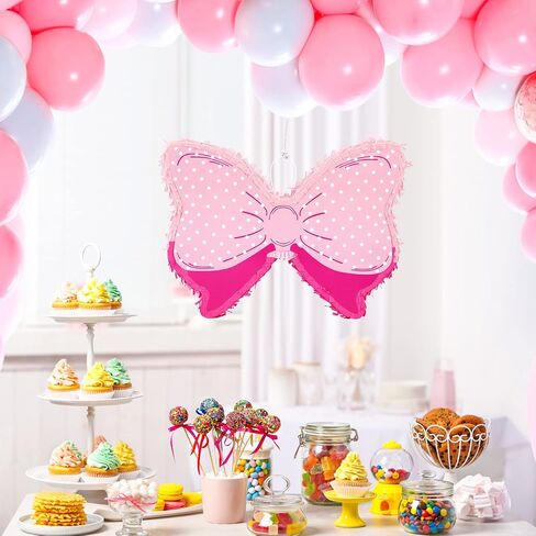 Pink Themed Bow Piñata Birthday Party Decorative Bow Tie Piñata with Wooden Stick Paper Blindfold Confetti Set for Girls Boys Birthday Baby School Wedding Party Carnival and Related Events Supplies in Saudi Arabia