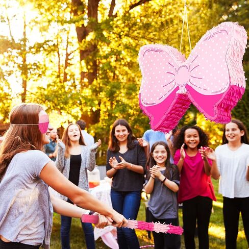 Pink Themed Bow Piñata Birthday Party Decorative Bow Tie Piñata with Wooden Stick Paper Blindfold Confetti Set for Girls Boys Birthday Baby School Wedding Party Carnival and Related Events Supplies in Saudi Arabia