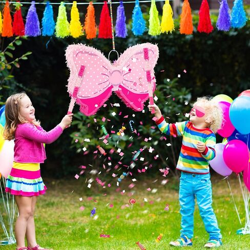 Pink Themed Bow Piñata Birthday Party Decorative Bow Tie Piñata with Wooden Stick Paper Blindfold Confetti Set for Girls Boys Birthday Baby School Wedding Party Carnival and Related Events Supplies in Saudi Arabia
