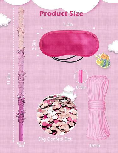 31.5" Wood Pinata Stick - Durable Pinata Bat with Blindfold, Confetti & Rope - Fun Pinata Buster for Kids' Parties, Birthdays & Celebrations(Pink) in Saudi Arabia