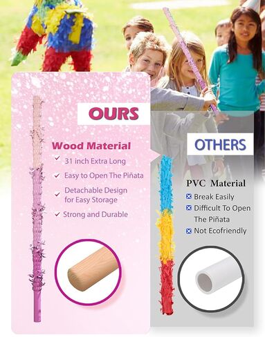 31.5" Wood Pinata Stick - Durable Pinata Bat with Blindfold, Confetti & Rope - Fun Pinata Buster for Kids' Parties, Birthdays & Celebrations(Pink) in Saudi Arabia