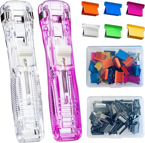 Reusable Portable Paper Clam Clip Dispenser Refill Clips, 40 Sheet Capacity-2Pcs Clam Clip Dispenser 100 Metal Refill Clips (50 Silver + 50 Color) for Home School Desk Office (Purple and White) in Saudi Arabia