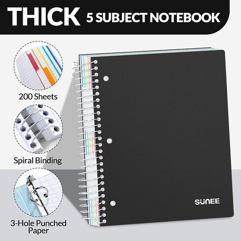 SUNEE 5 Subject Graph Paper Notebook - 400 Pages, 8.5"x11", 4x4 Graph Ruled Notebook, 5 Pocket Colored Dividers, 3-Hole Punched Paper, Black in Kuwait
