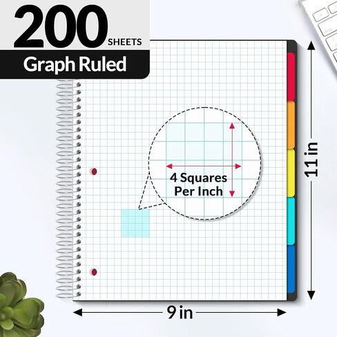 SUNEE 5 Subject Graph Paper Notebook - 400 Pages, 8.5"x11", 4x4 Graph Ruled Notebook, 5 Pocket Colored Dividers, 3-Hole Punched Paper, Black in Kuwait