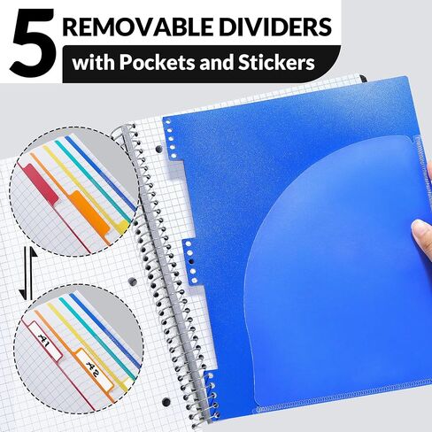 SUNEE 5 Subject Graph Paper Notebook - 400 Pages, 8.5"x11", 4x4 Graph Ruled Notebook, 5 Pocket Colored Dividers, 3-Hole Punched Paper, Black in Kuwait