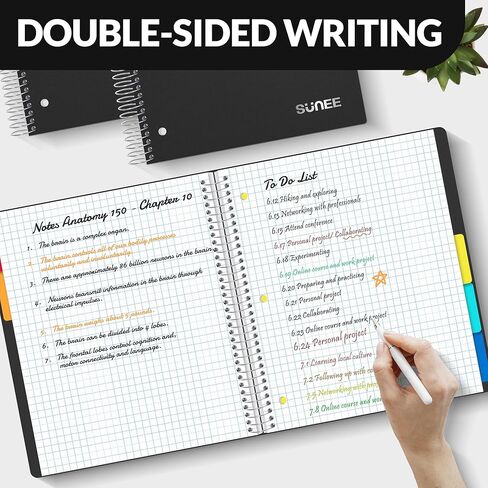 SUNEE 5 Subject Graph Paper Notebook - 400 Pages, 8.5"x11", 4x4 Graph Ruled Notebook, 5 Pocket Colored Dividers, 3-Hole Punched Paper, Black in Kuwait