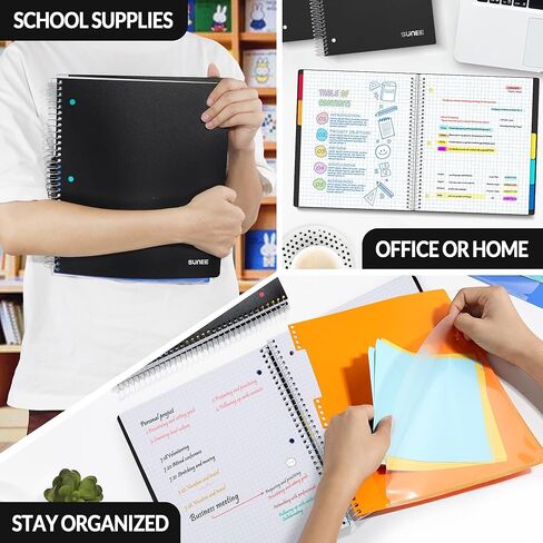 SUNEE 5 Subject Graph Paper Notebook - 400 Pages, 8.5"x11", 4x4 Graph Ruled Notebook, 5 Pocket Colored Dividers, 3-Hole Punched Paper, Black in Kuwait