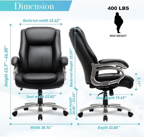 COLAMY Big & Tall Office Chair 400lbs Wide Seat- High Back PU Leather Executive Computer Desk Chair for Heavy People, Large Office Chair with Metal Base & Ergonomic Back Support- Black in Saudi Arabia