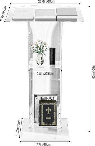 حامل منصة أكريليك شفاف من KSacry مع رف تخزين، منابر زجاجية شبكية للكنائس، المؤتمرات، الخطب، حفلات الزفاف، الفصول الدراسية، منصات العرض الاحترافية (23.6 بوصة طول × 17.7 بوصة عرض × 43 بوصة ارتفاع، شفاف) in Kuwait