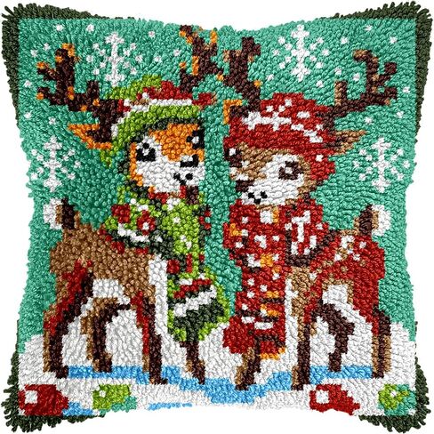 Christmas Reindeer Latch Hook Kits for Adults Kids, Beginners Animals Latch Hook Pillow Kit Pre-Printed Hook and Latch Rug Kit Cross-stitch Embroidery Cushion for Home Sofa Decoration 17x17 in. in Saudi Arabia