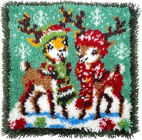 Christmas Reindeer Latch Hook Kits for Adults Kids, Beginners Animals Latch Hook Pillow Kit Pre-Printed Hook and Latch Rug Kit Cross-stitch Embroidery Cushion for Home Sofa Decoration 17x17 in. in Saudi Arabia