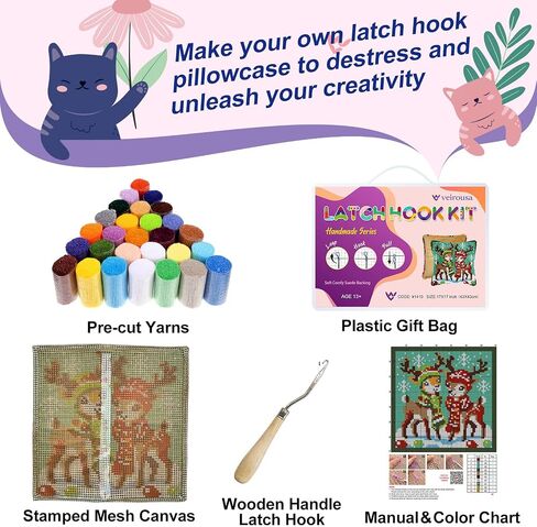 Christmas Reindeer Latch Hook Kits for Adults Kids, Beginners Animals Latch Hook Pillow Kit Pre-Printed Hook and Latch Rug Kit Cross-stitch Embroidery Cushion for Home Sofa Decoration 17x17 in. in Saudi Arabia